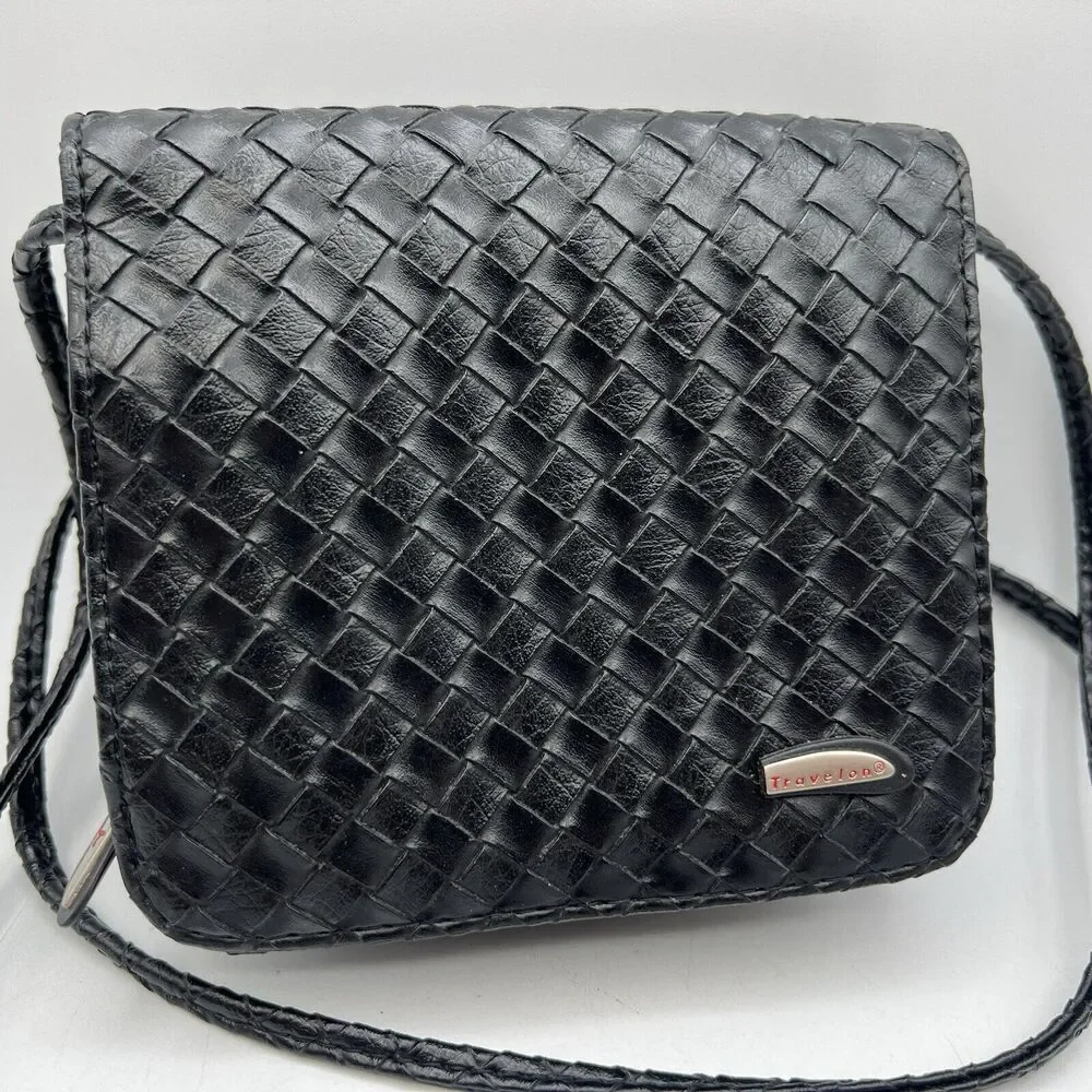 Small Black Travelon Black Woven Convertible Crossbody Belt Bag Fanny Purse 6